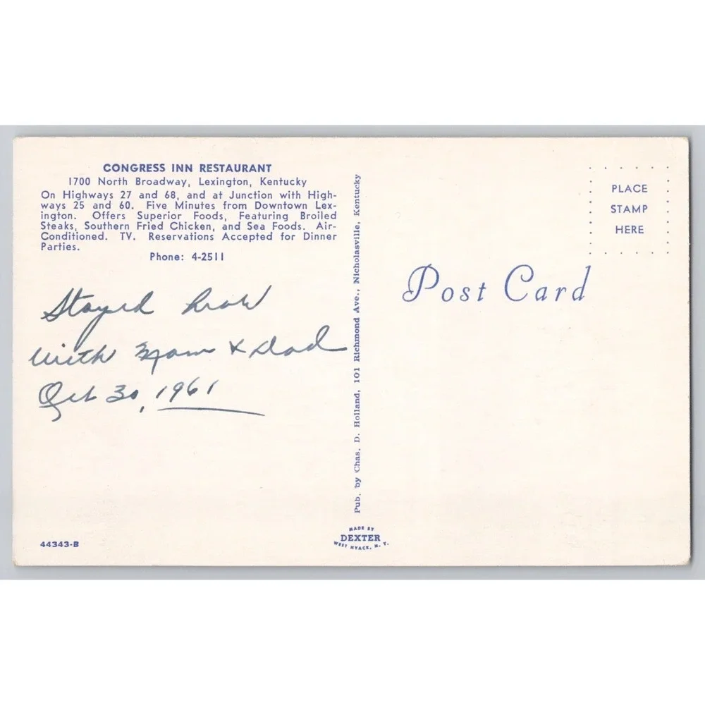 POSTCARD Lexington Kentucky Congress Inn Motel Restaurant Cocktail Lounge c1960s